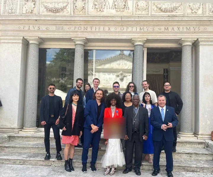 Group photo on the steps of the Pontifical Academy of Sciences, Vatican, with Cardinal Peter Turkson and Inna Modja, 10 May 2024